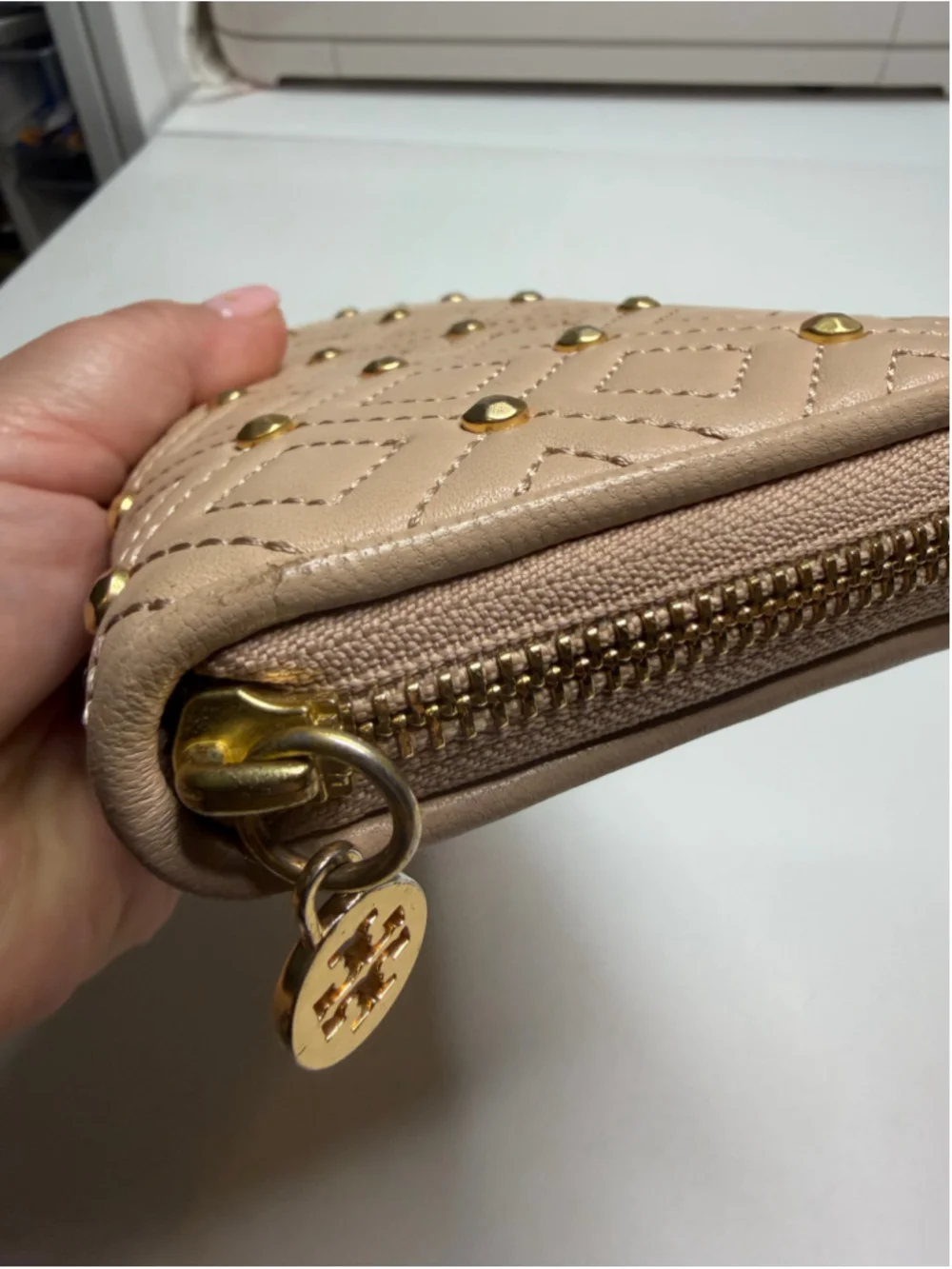Women's Tory Burch Wallet, One Size, Beige with Gold Studs